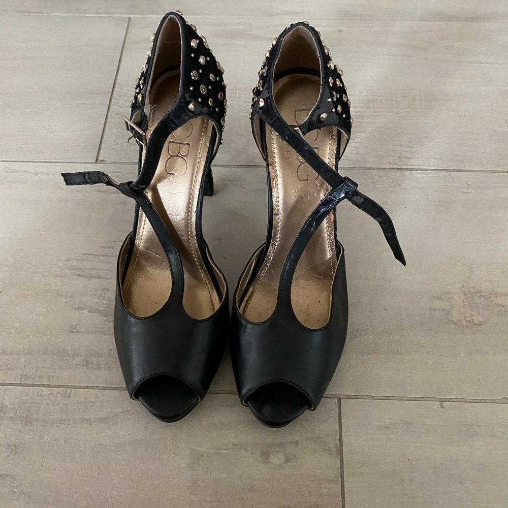 Black leather stud high heels